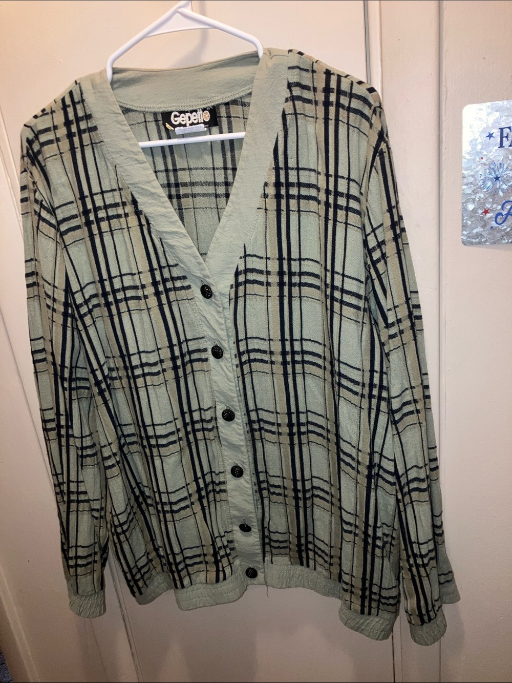 Gepetto Light Green & Black Plaid Button-Front Cardigan Vintage XL